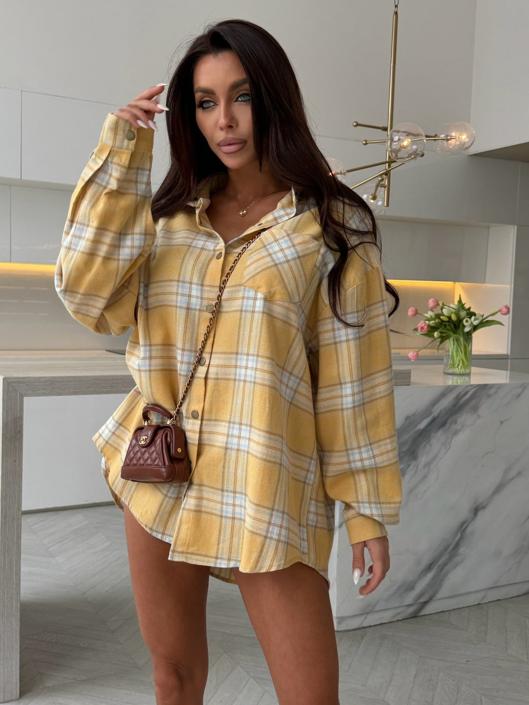 Women's oversized check shirt dress with button placket, chest pockets, and extended back hem Mune Fashion