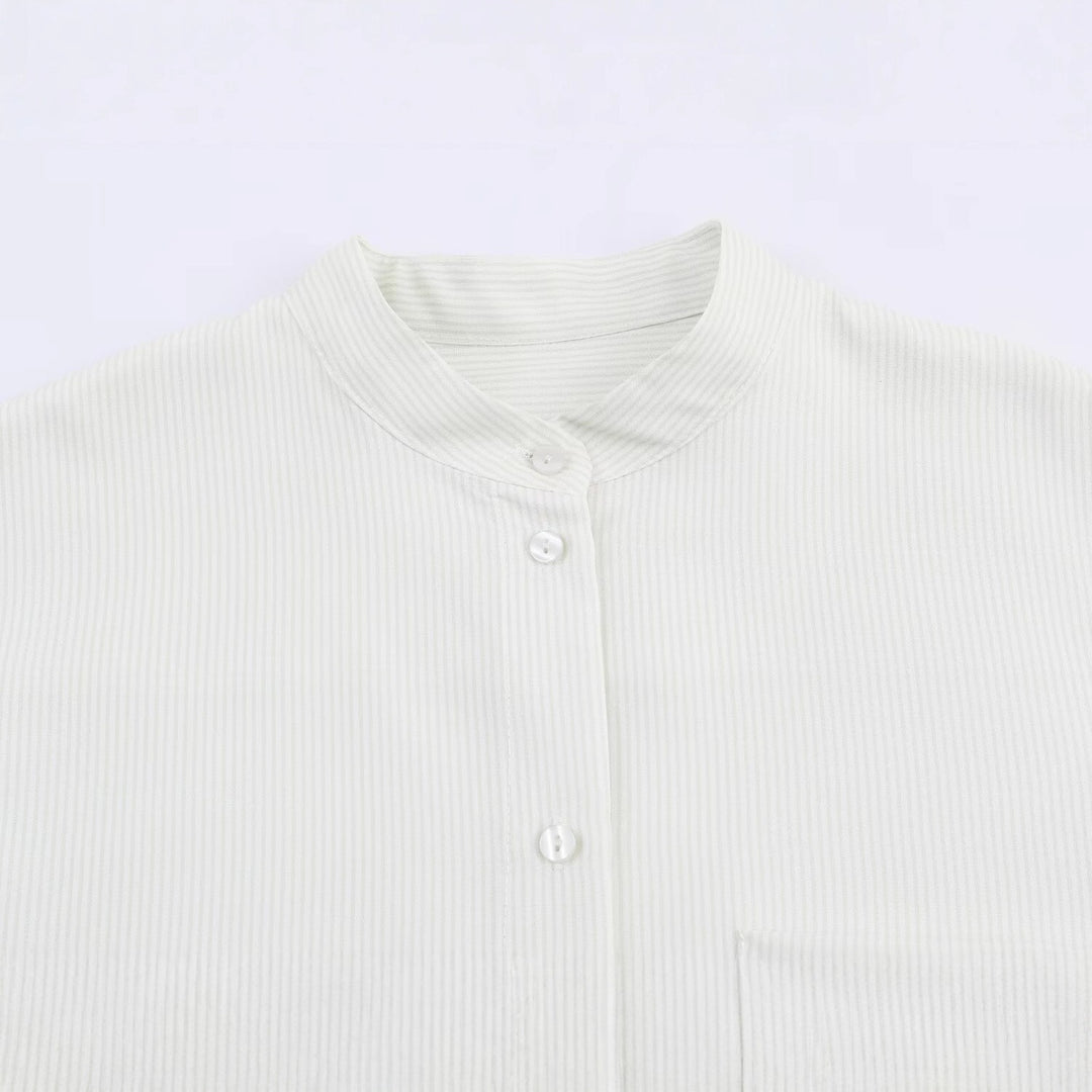 Women Oversize Shirt Blouse with Stand Collar, Chest Pocket and Curved Hem Mune Fashion