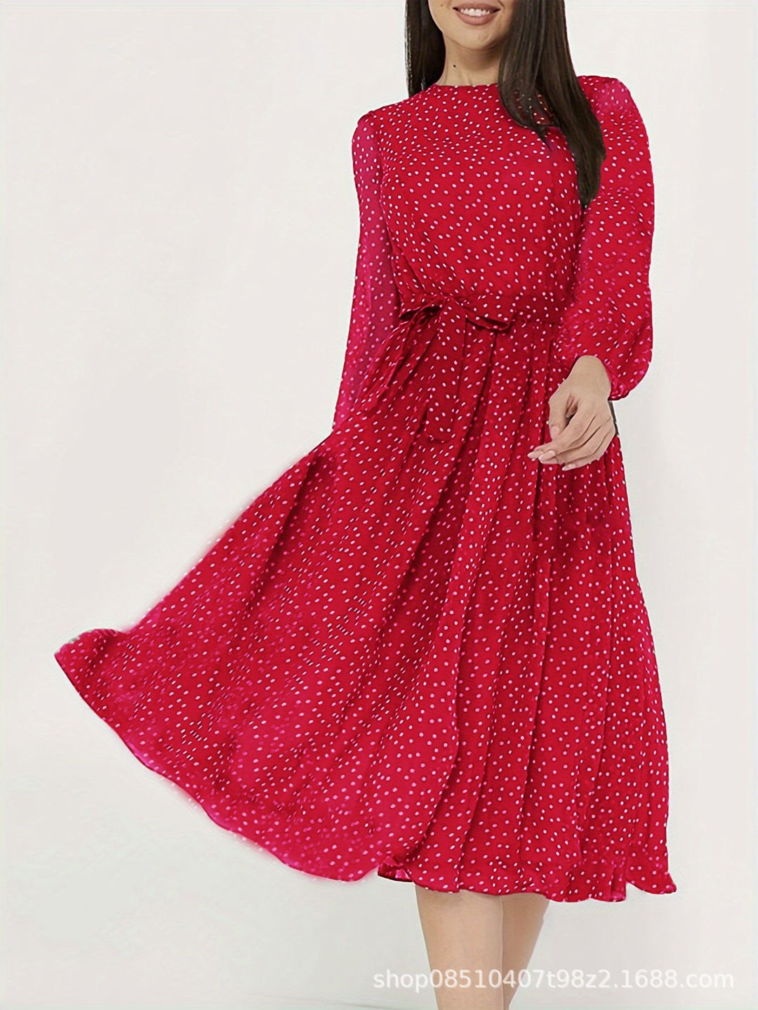 Ladies midi dress with dots, fitted tie belt and flounce skirt Drune