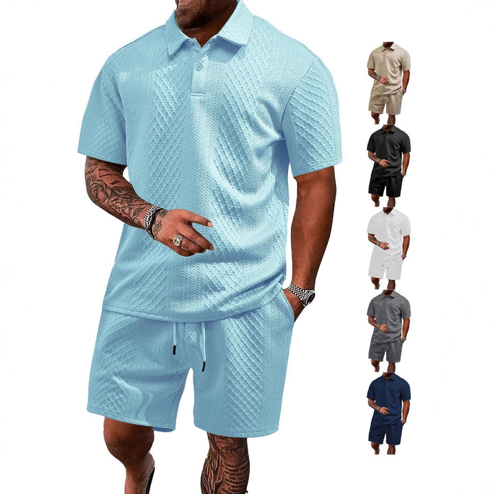 Men's embossed waffle polo with Kent collar and elastic drawstring shorts set Mune Fashion