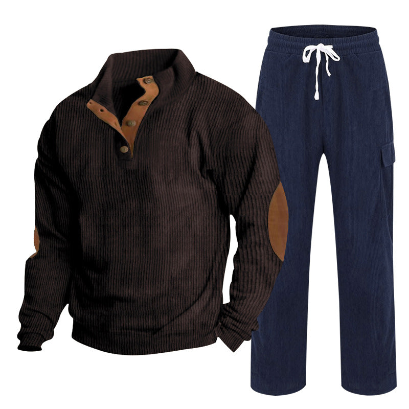 Men's Cozy Leisure Set made of Waffle Knit Henley with Elbow Patch and Relax Cargo Pants Mune Fashion