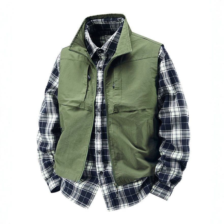 Men's Multifunctional Canvas Vest with Front and Chest Pockets and Adjustable Hem Mune Fashion