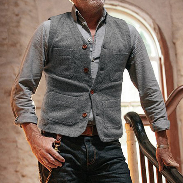 Men's Wool Look Structure Vest with V-Neck, Patch Pockets & Button Placket Mune Fashion