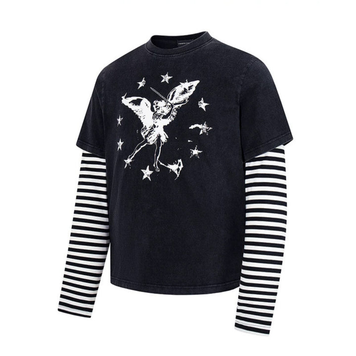 Women's Layered Long Sleeve Shirt with Striped Under Sleeves and Vintage Angel Print Mune Fashion