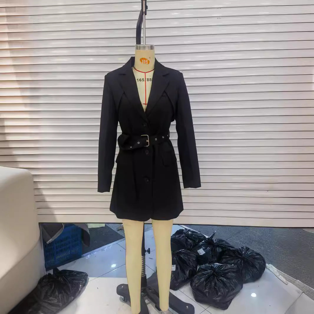 Women's tailored belted blazer with asymmetrical shawl collar and flap pockets Mune Fashion
