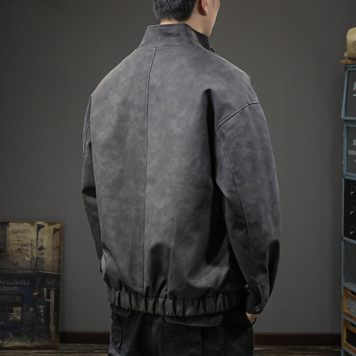 Men's Minimalist Vintage Faux Leather Bomber Jacket with Stand Collar and Concealed Snap Placket Mune Fashion