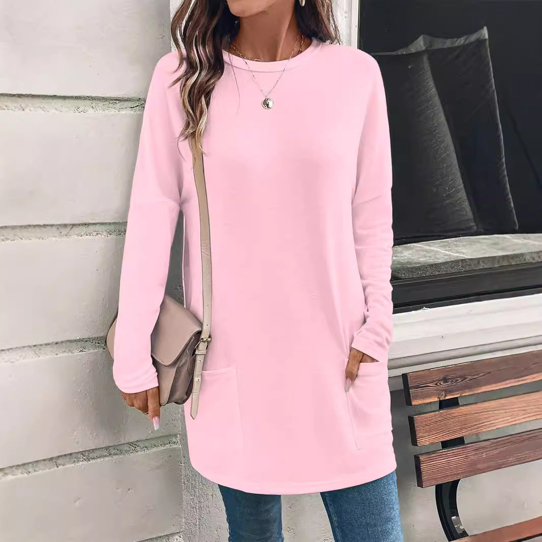 Women's loosely cut long tunic with round neckline, side pockets, and soft jersey Mune Fashion