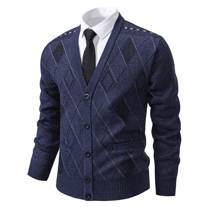 Men's fine diamond-pattern knit cardigan with V-neck, button placket, and front pockets Mune Fashion