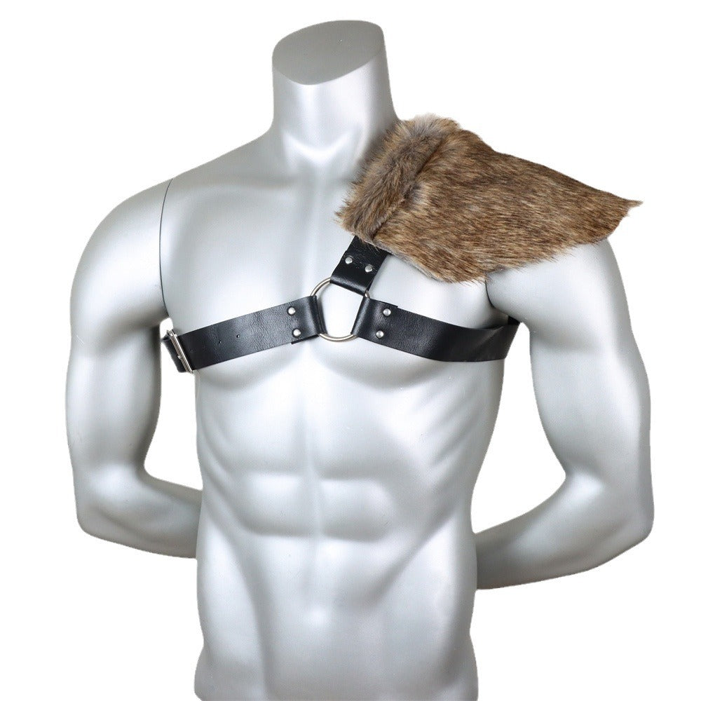 Men's asymmetrical shoulder harness with faux fur shoulder cape and adjustable leather straps Mune Fashion