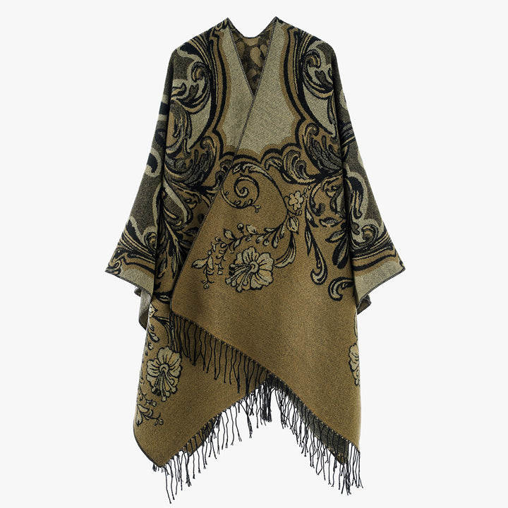 Women Jacquard Poncho Wrap in Baroque Pattern with Fringes Mune Fashion