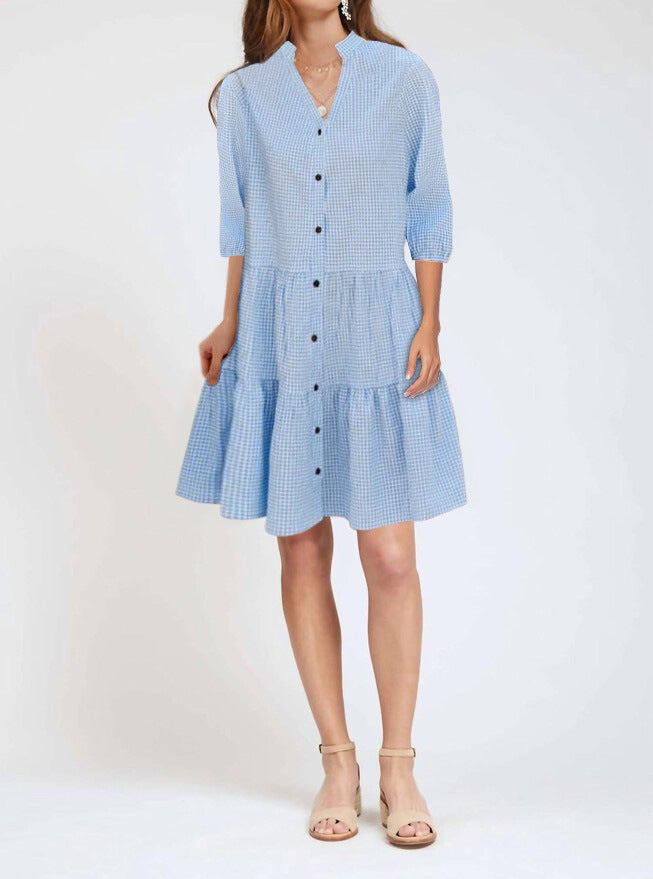Women's Loose Tiered Shirt Dress with Standing Collar and Full Button Placket Mune Fashion
