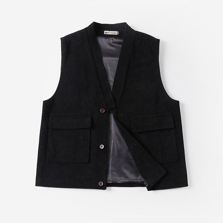 Men's cord waistcoat with V-neck, appliquéd flap pockets, and satin lining Mune Fashion