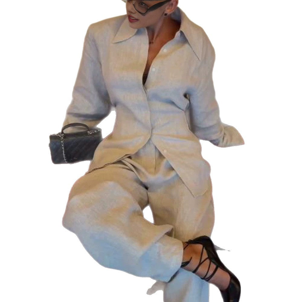 Women's Loose Linen Two-Piece with Boxy Shirt Blazer and Wide Palazzo Pants Mune Fashion