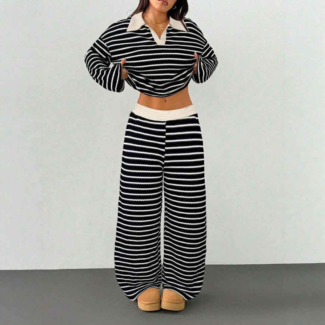 Women's Knitted Loungewear Set with Polo V Neck, Bell Sleeves, and Wide High-Cut Trouser Leg Mune Fashion