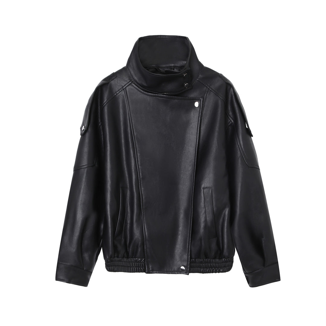 Women’s Fashion Leather Jacket with Stand-up Collar Mune Fashion