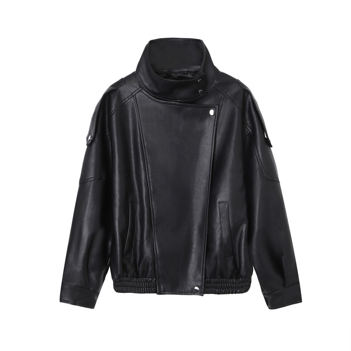 Women’s Fashion Leather Jacket with Stand-up Collar Mune Fashion