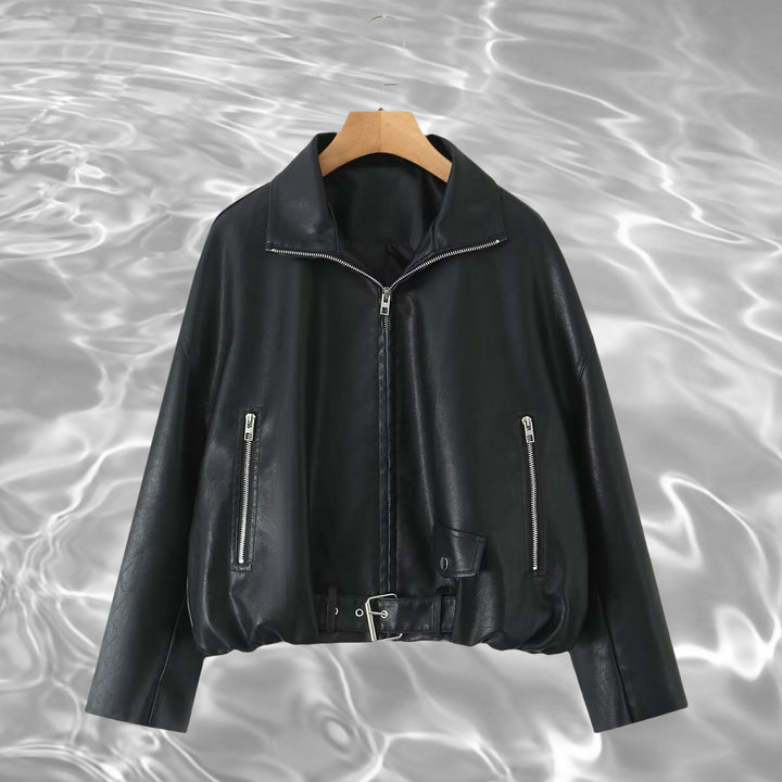 Women’s cropped oversized leather jacket in bomber style with zippered pockets and waist belt Mune Fashion