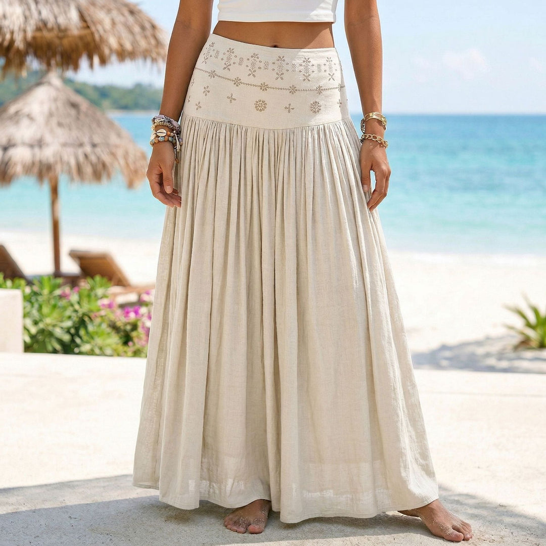 Ladies nan maxi-flounce skirt with embroidered waistband and fine pleats Mune Fashion