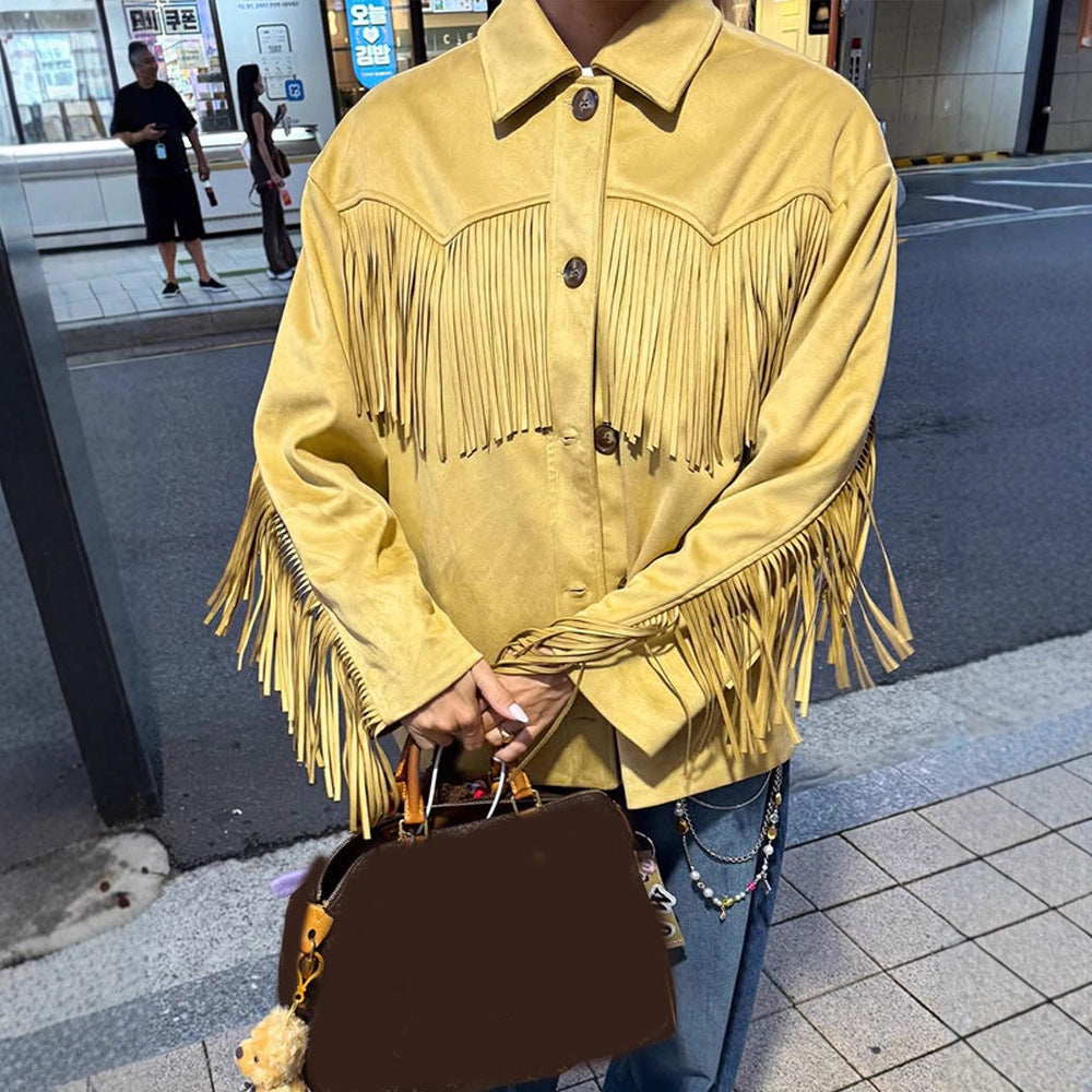 Women’s Oversize Fringe Jacket in Western Style made of Suede-Look with Shirt Collar Mune Fashion