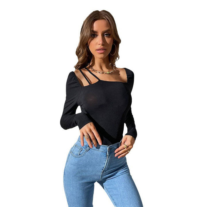 Women's figure-hugging long sleeve bodysuit with asymmetric strap detail and high leg cut Mune Fashion