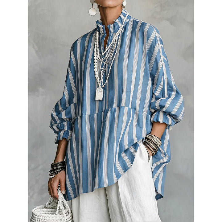Women's Striped Oversize Tunic with Ruffle Collar and Balloon Sleeves Mune Fashion