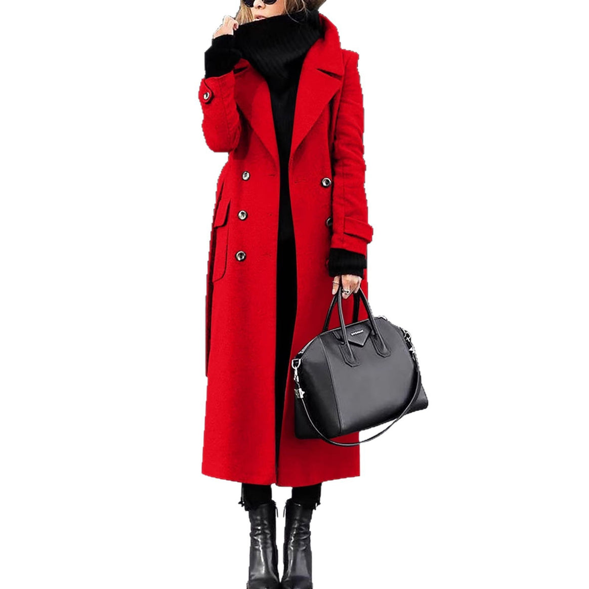 Women Long Double-Breasted Wool Blend Coat with Distinctive Lapels and Flap Pockets Mune Fashion