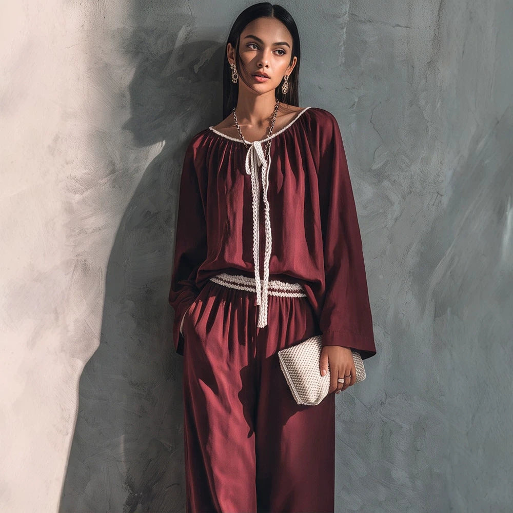 Ladies Flowing Two-Piece Loungewear Set in Silk Look with Wide Palazzo Pants and Gathered Tunic Mune Fashion