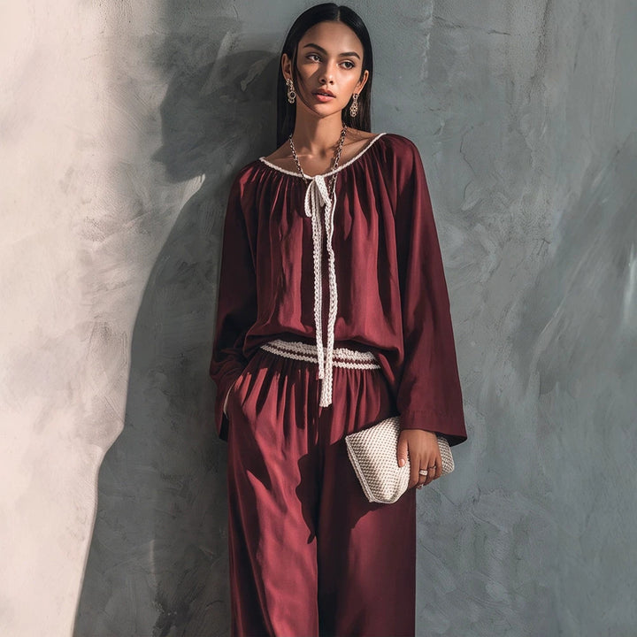 Ladies Flowing Two-Piece Loungewear Set in Silk Look with Wide Palazzo Pants and Gathered Tunic Mune Fashion