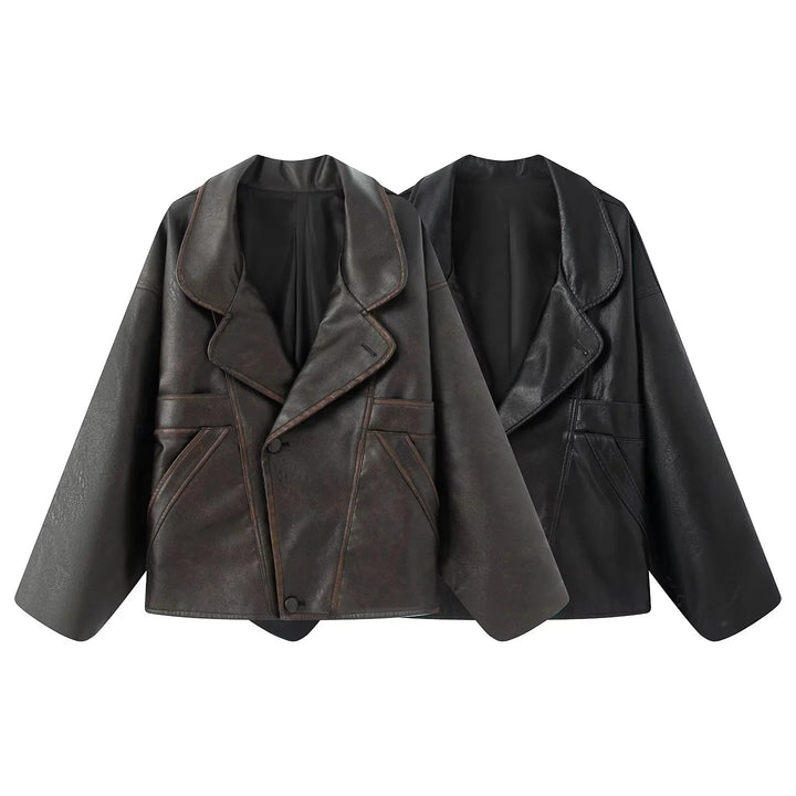 Ladies nan kastiger leather imitation blouson with overlapping shawl collar and diagonally inserted pockets Mune Fashion