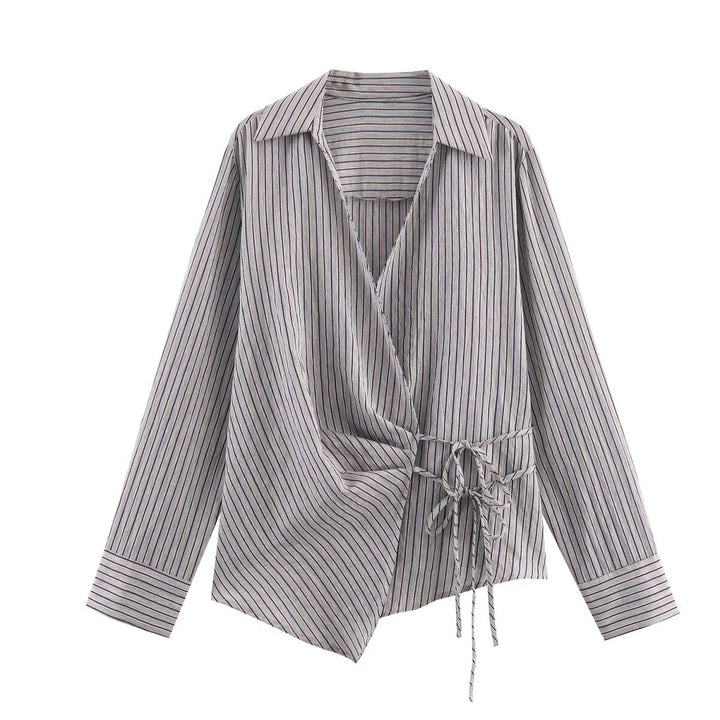 Women 10+ asymmetrical wrap blouse with drawstring, shirt collar and long sleeves Mune Fashion