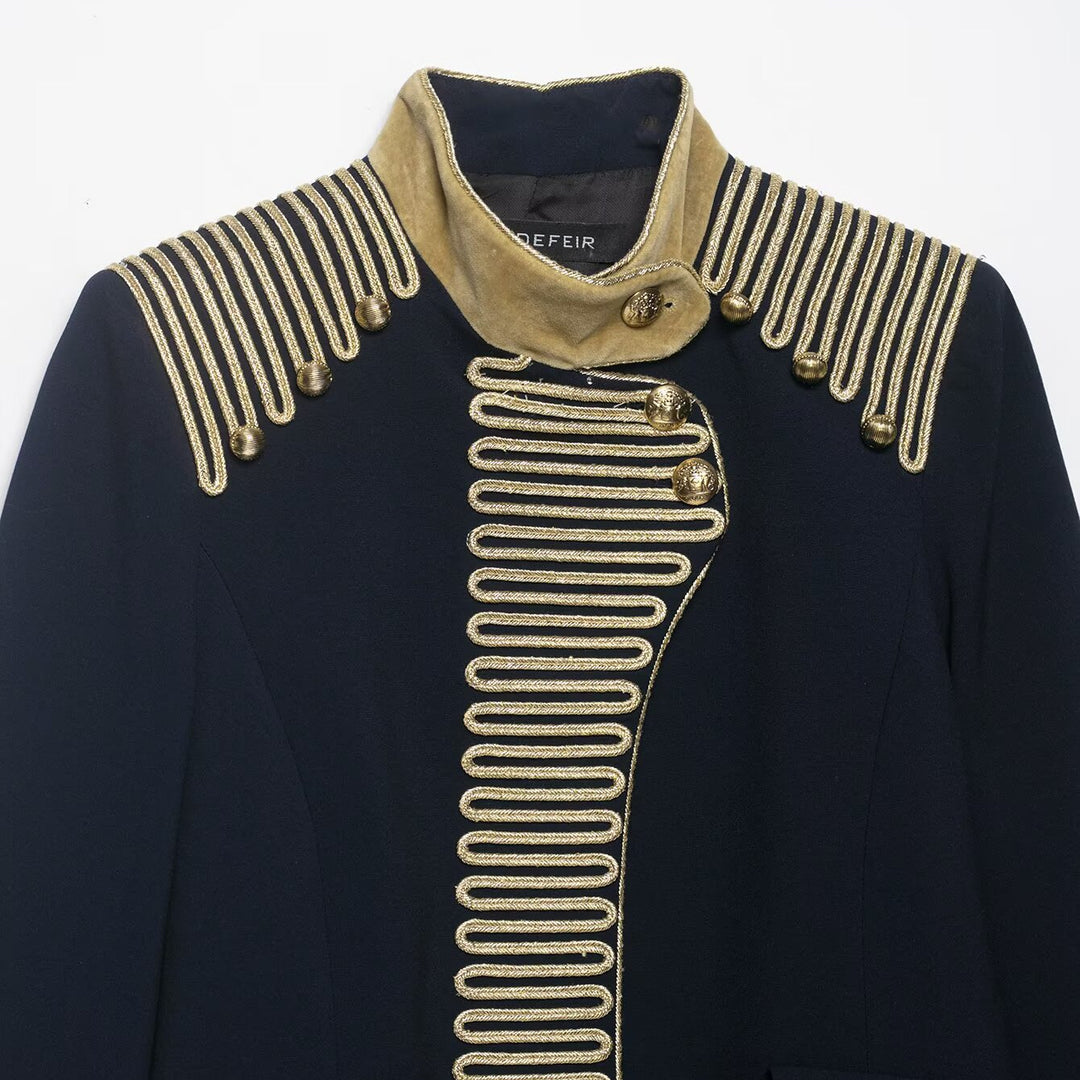 Ladies Military Inspired Short Jacket with Golden Cord Decoration and Velvet Cuffs Mune Fashion