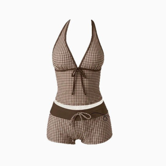 Women's tankini with fashionable polka dot pattern and adjustable halter Mune Fashion