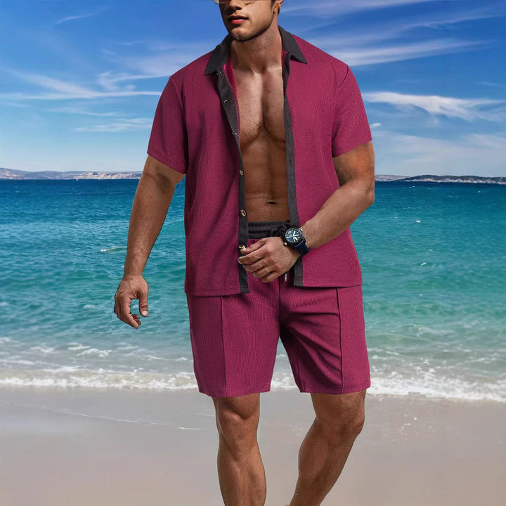 Men's modern leisure set made of fine textured jersey with shirt collar button placket and drawstring shorts Mune Fashion