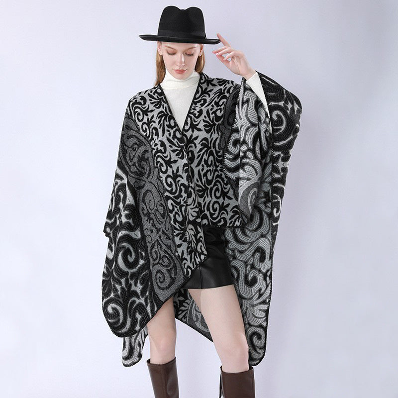 Women's Oversized Kimono Poncho in Jacquard Knit with Ornamental Pattern and V-Neck