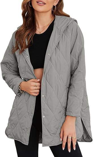 Women's quilted hooded jacket with snap button placket, side slits, and medium length Mune Fashion