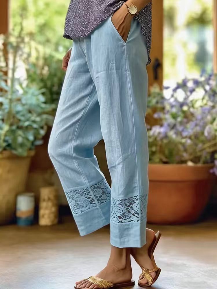 Women's Linen Look Culotte Pants with Lace Insert at Hem and Side Pockets Mune Fashion