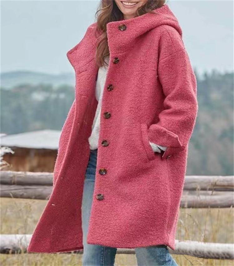 Women's Boucle Hoodie Coat in Oversized Cut with Concealed Button Placket Mune Fashion
