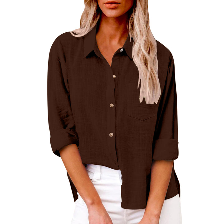 Women's oversized linen-cotton blend shirt blouse with breast pocket and roll-up sleeves Mune Fashion