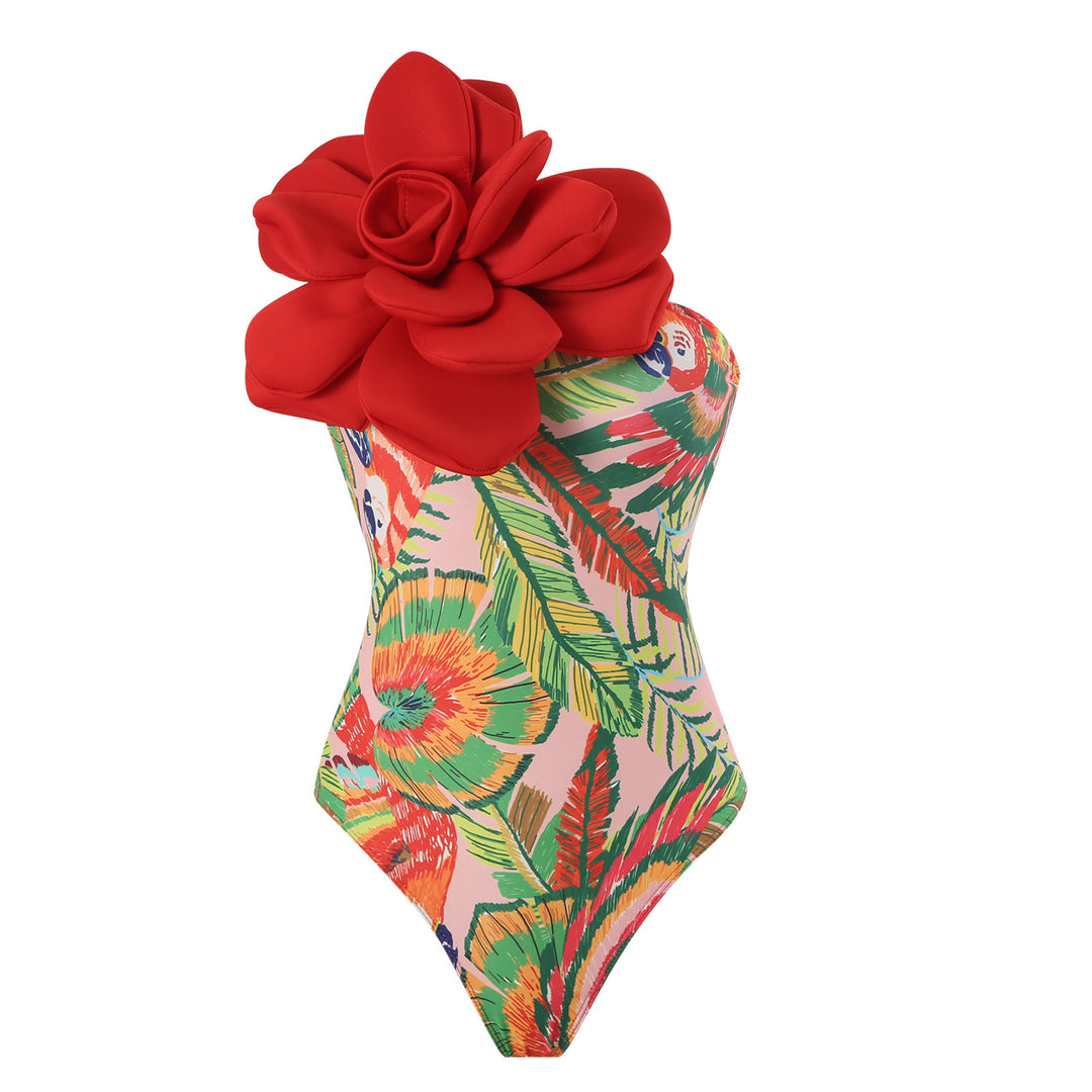 Ladies Elegant Swimsuit with Large Floral Detail and Transparent Overlay Mune Fashion