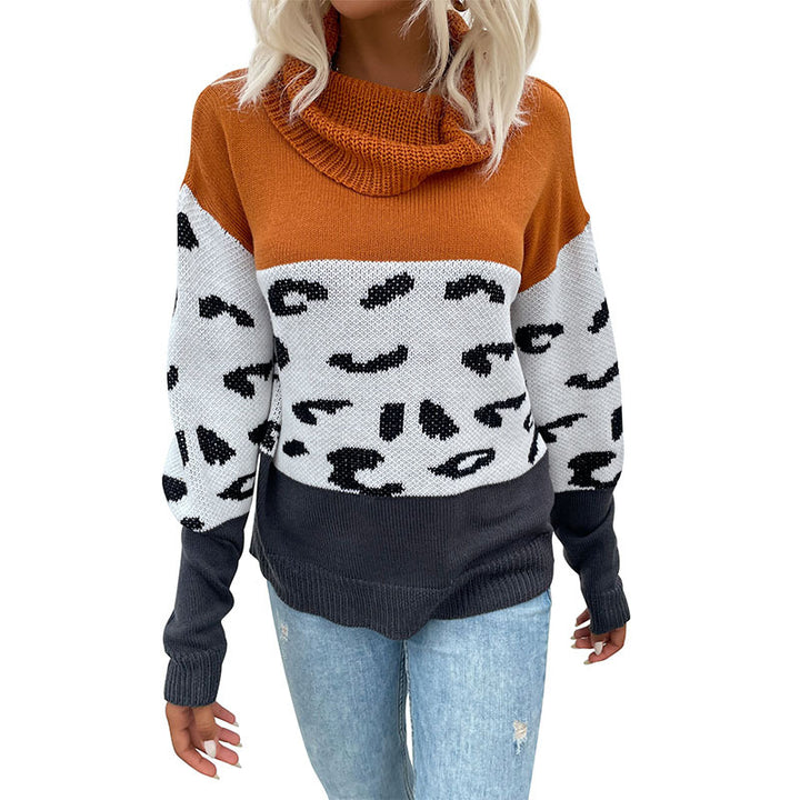Ladies Fashionable Sweater with Leopard Pattern and Turtleneck Mune Fashion