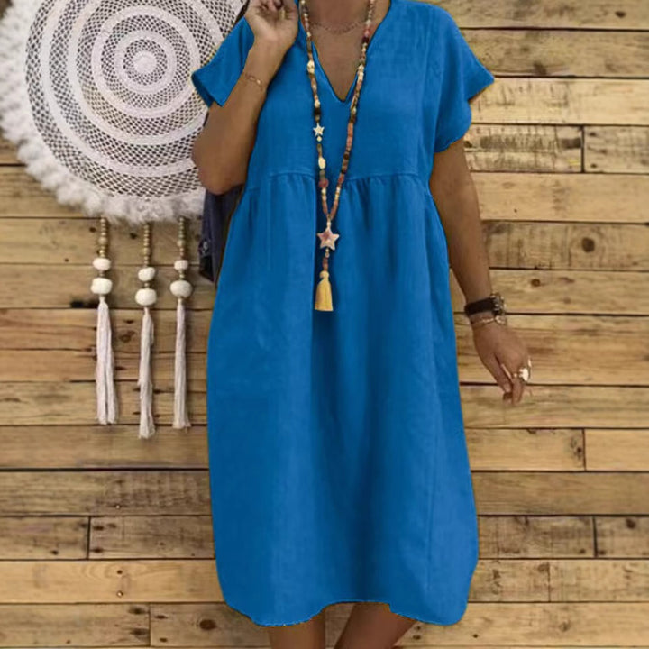 Women's Linen Maxi Dress with V-Neck and Ruffle Details Mune Fashion