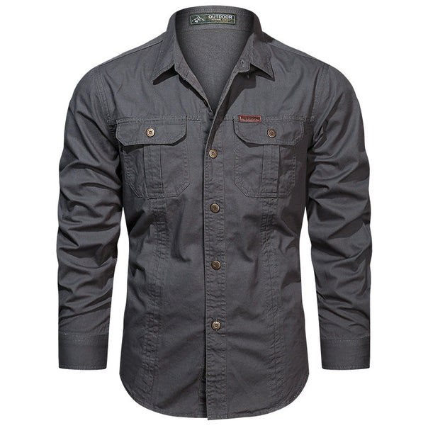 Men's rugged long-sleeve outdoor shirt with double chest pockets and button front