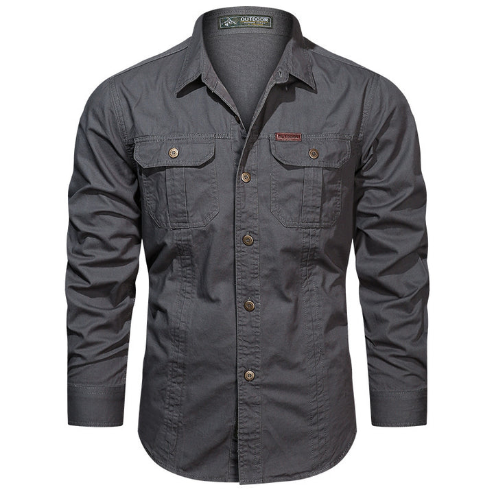 Men's rugged long-sleeve outdoor shirt with double chest pockets and button front