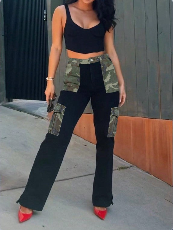 Women High-Waist Utility Jeans with Camouflage Panels and Patch Cargo Pockets Mune Fashion