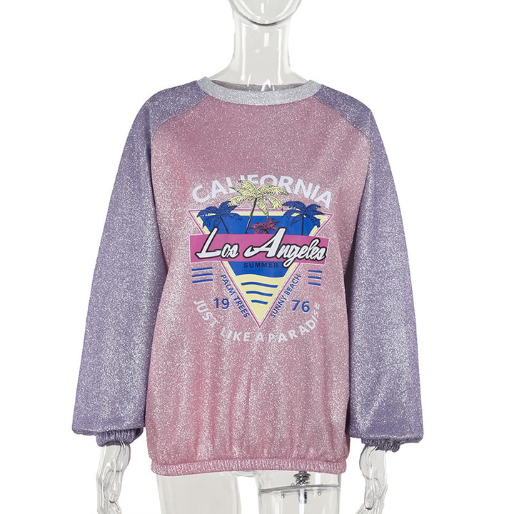 Damen Glitzerndes Oversize-Sweatshirt mit Raglanärmeln und Retro-Los-Angeles-Print Mune Fashion