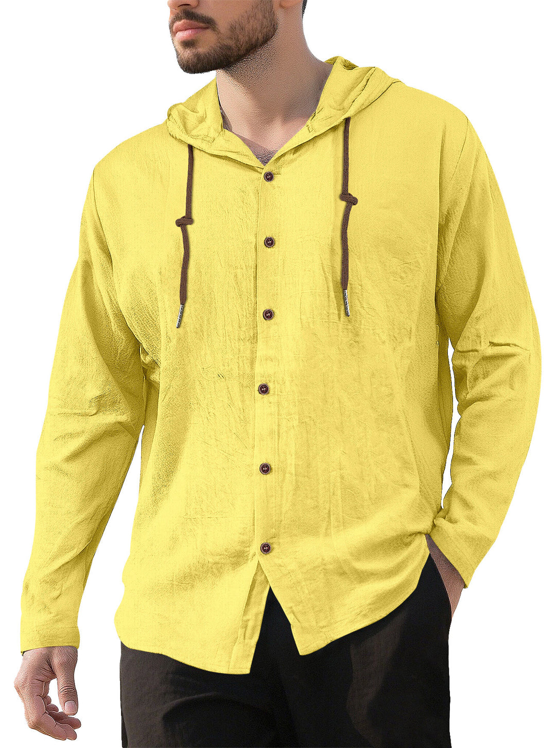 Men's textured linen blend hooded shirt with button placket, wood buttons, and side slits Mune Fashion