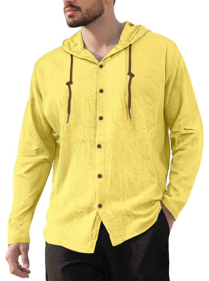 Men's textured linen blend hooded shirt with button placket, wood buttons, and side slits Mune Fashion
