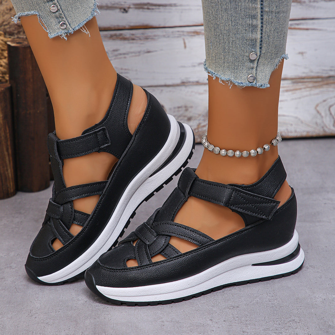 Ladies' sporty platform sandal with braided strap design, adjustable Velcro closure, and padded comfort sole Mune Fashion