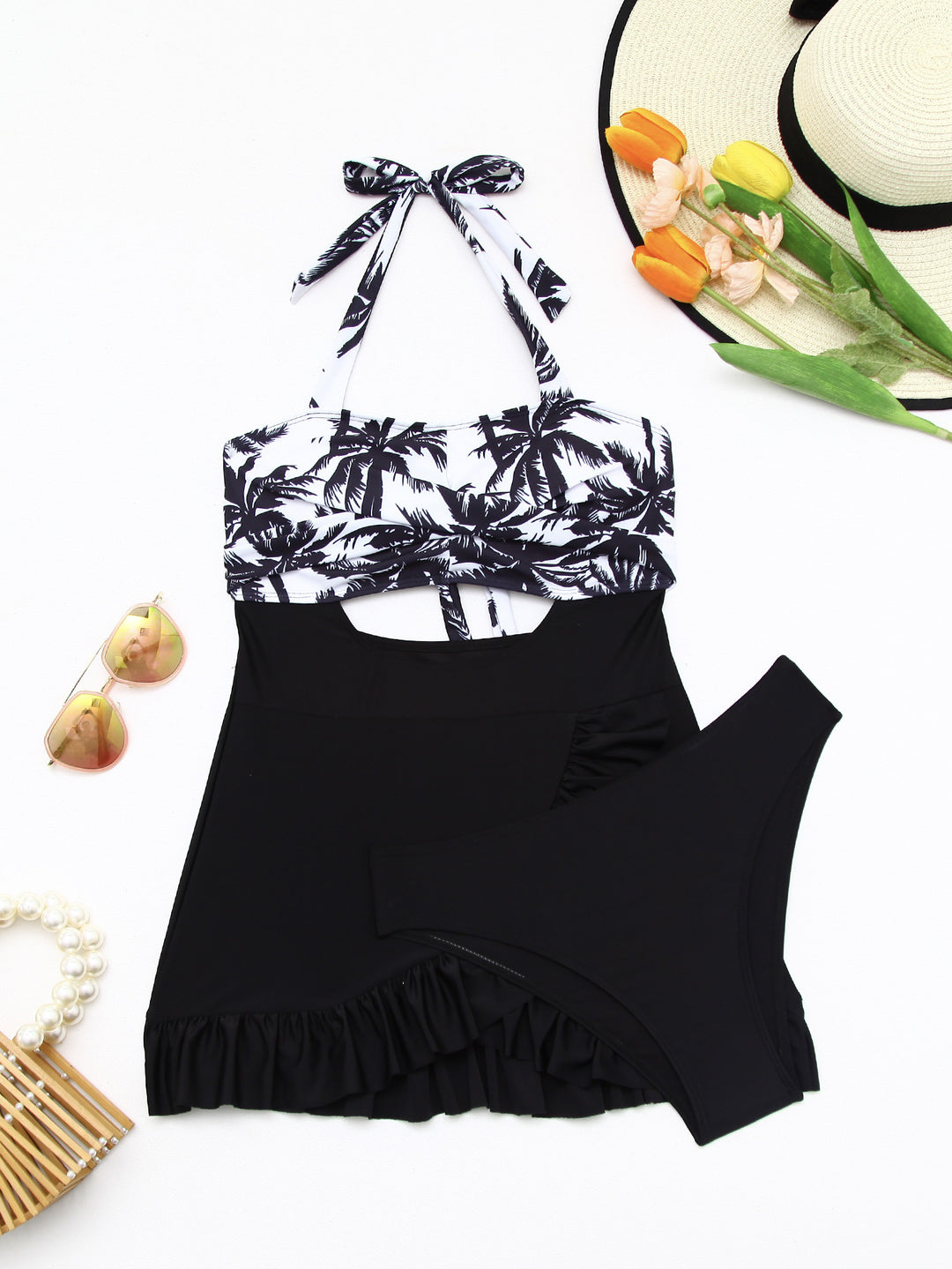 Women's tankini set with elegant wave pattern and cheerful ruffled hem Mune Fashion