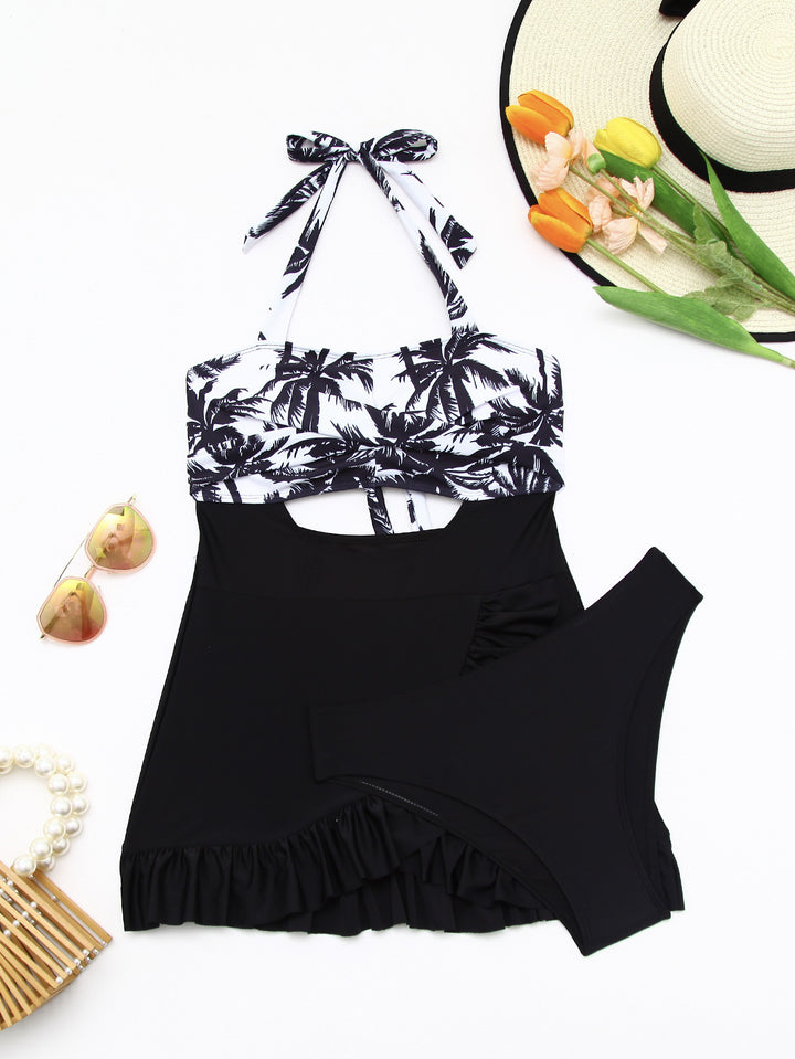 Women's tankini set with elegant wave pattern and cheerful ruffled hem Mune Fashion